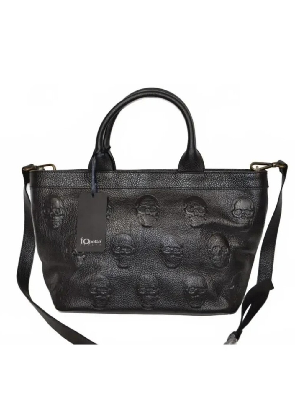 IQbella Black Embossed Skull Leather Tote